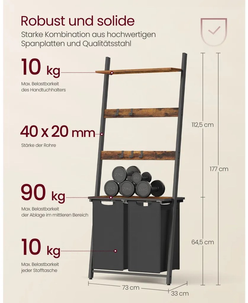 Szennyestartó, 2x46L, létrapolccal, akasztókkal, rusztikus barna és fekete