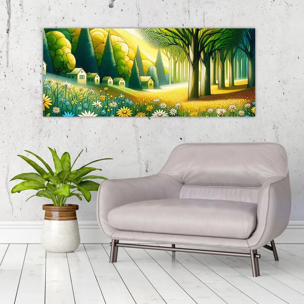 Kép - Falu sárga-zöld színekben (120x50 cm)