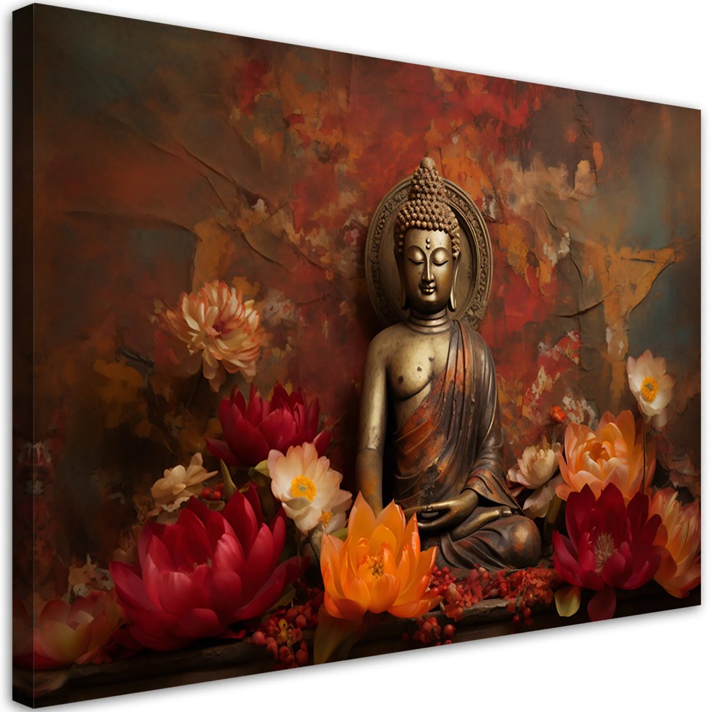 Gario Vászonkép Meditáló Buddha szobor és színes virágok Méret: 120 x 80 cm