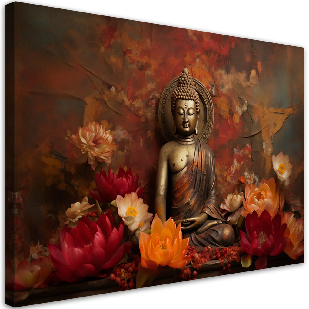 Gario Vászonkép Meditáló Buddha szobor és színes virágok Méret: 60 x 40 cm