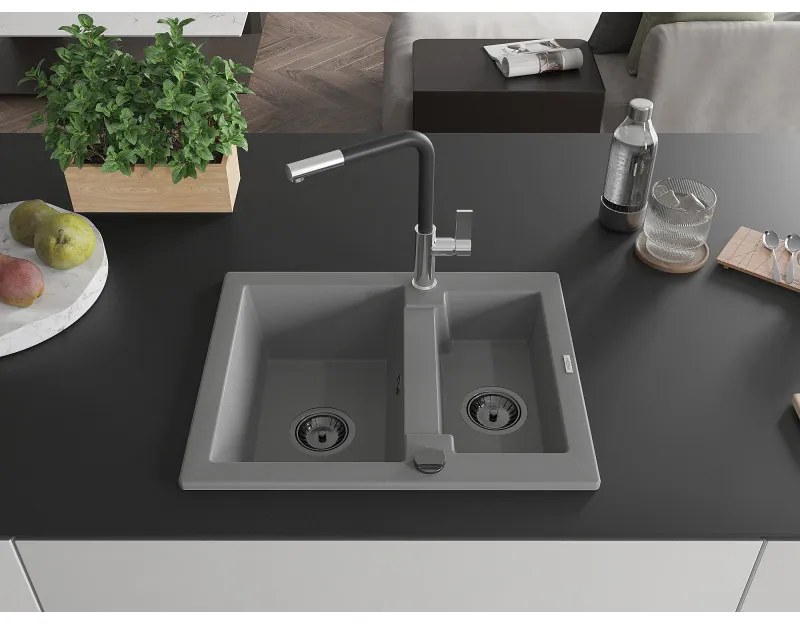 Mexen Carlos, 1,5 kamrás gránit mosogató 582x475x177 mm és Flora mosogató csaptelep, szürke, 6518-71-670401-07-B