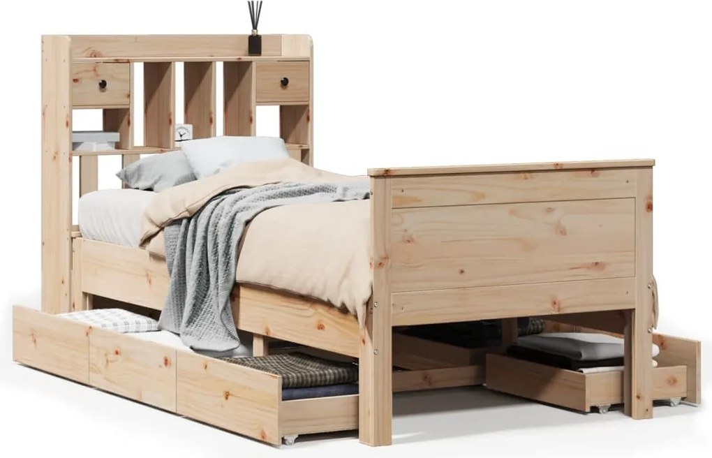 vidaXL tömör fenyőfa könyvespolcos ágy matrac nélkül 90 x 190 cm
