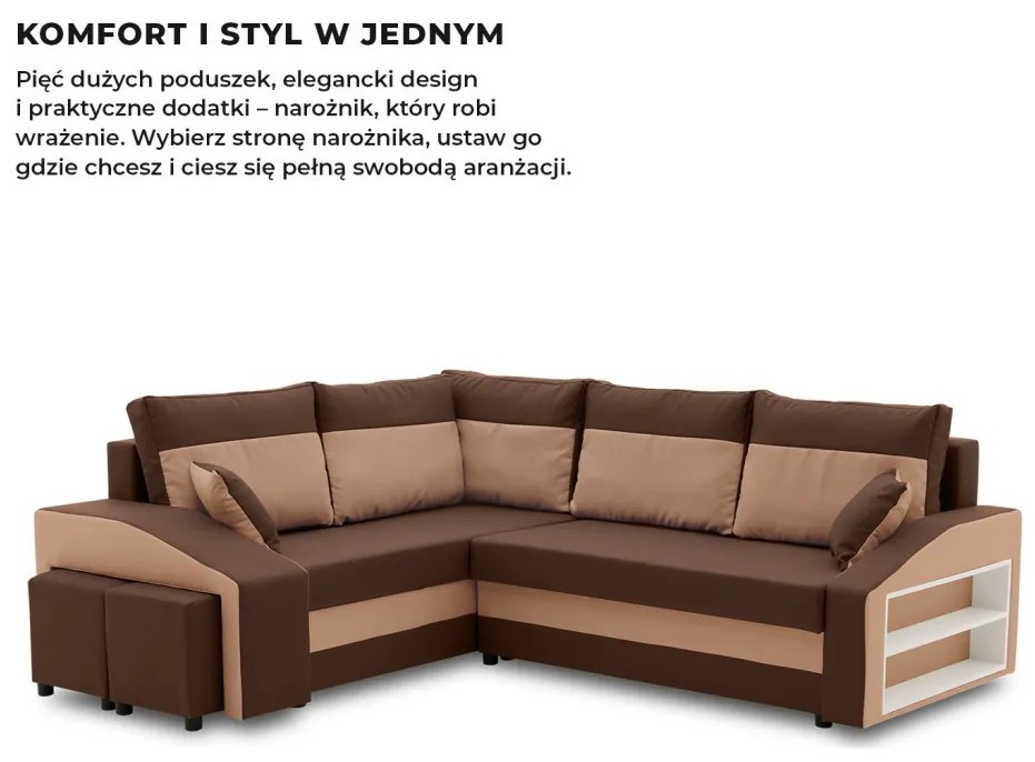 Grande sarokkanapé polcokkal és puffokkal , polc a jobb karfaban puffok a bal karfaban, baloldali, szövet anyag, bonell töltet, barna