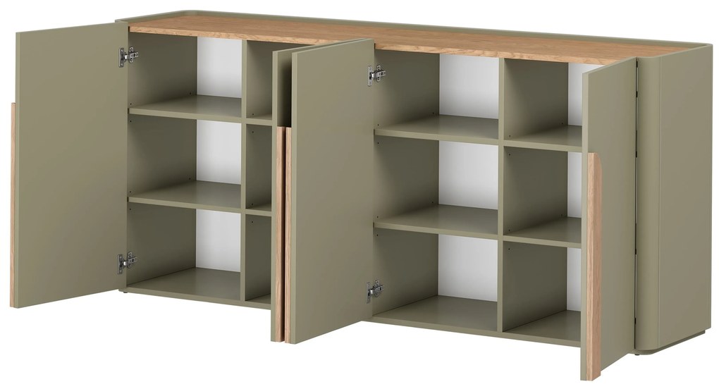 Amilio négyajtós komód 200 cm - eukaliptusz / baltic tölgy / natúr tölgy fogantyú