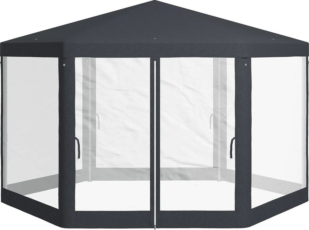Outsunny 4x4m Hatszögletű Kerti Pavilon Hálós Falakkal, 2 Ajtóval, Állítható Lábakkal, Fém és Poliészter Pavilon Cövekekkel és Kötéllel, Szürke | Aoso