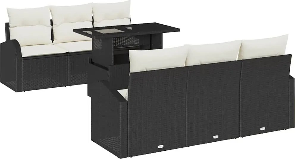 vidaXL Kerti Kanapé Szett párnával tárolóval 7 pcs Fekete Poly Rattan