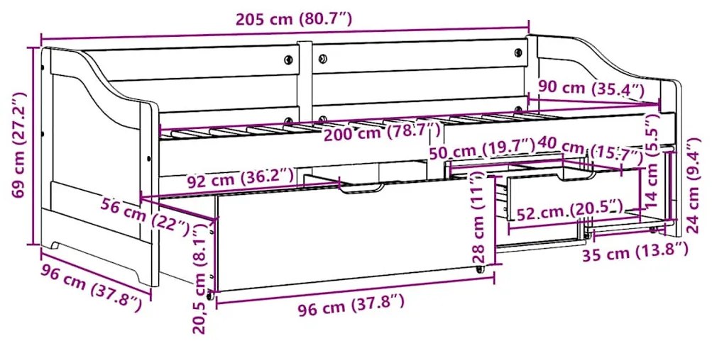 Napozóágy 3 fiókkal matrac nélkül IRUN Fekete 90x200 cm