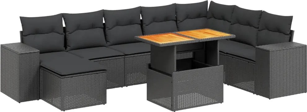 vidaXL 9 részes fekete polyrattan kerti ülőgarnitúra párnákkal