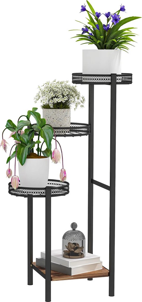 Outsunny 4-szintes növénytartó sarkos polc acél növénytartó virágcserepekhez beltérre és kültérre 25x25x80 cm Fekete | Aosom
