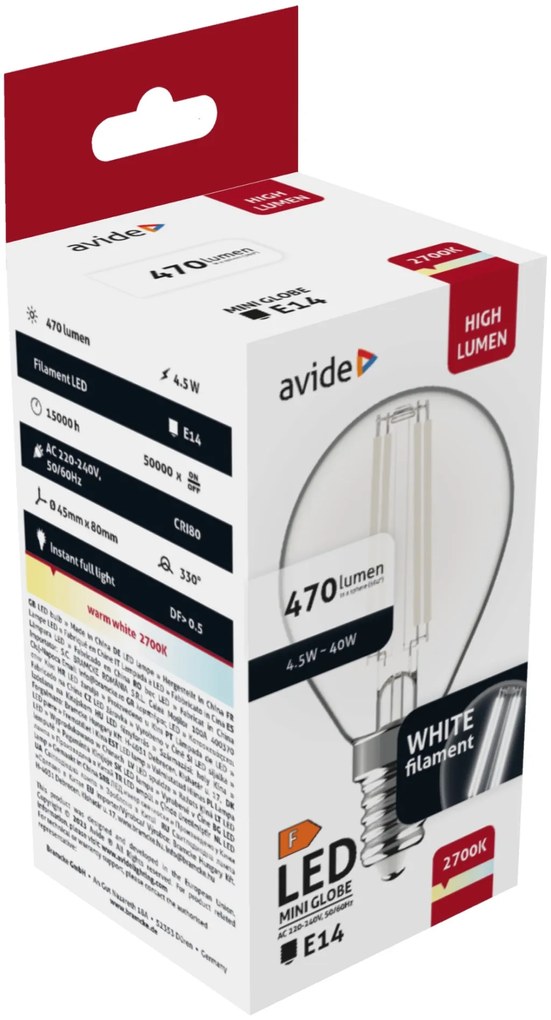 Avide LED White Filament Mini Globe 4.5W E14 WW 2700K