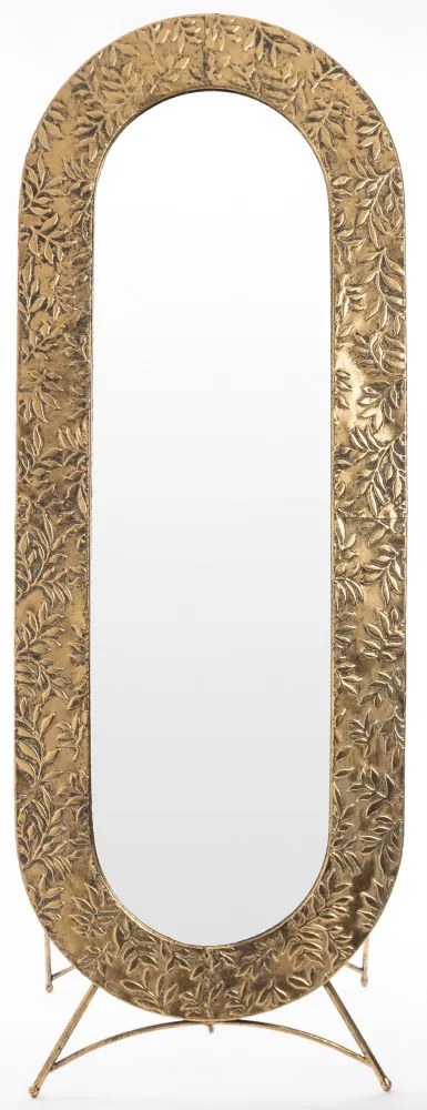 Ovális álló tükör óarany vastag fém dombormintás leveles keretben 157x58x51cm