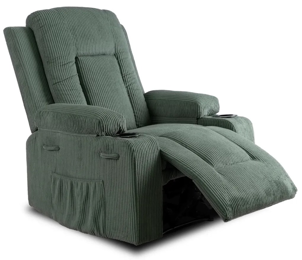 Elektromosan Vezérelhető Masszázsfunkciós Relaxfotel Zöld Kordbársony Kárpittal. BOX2