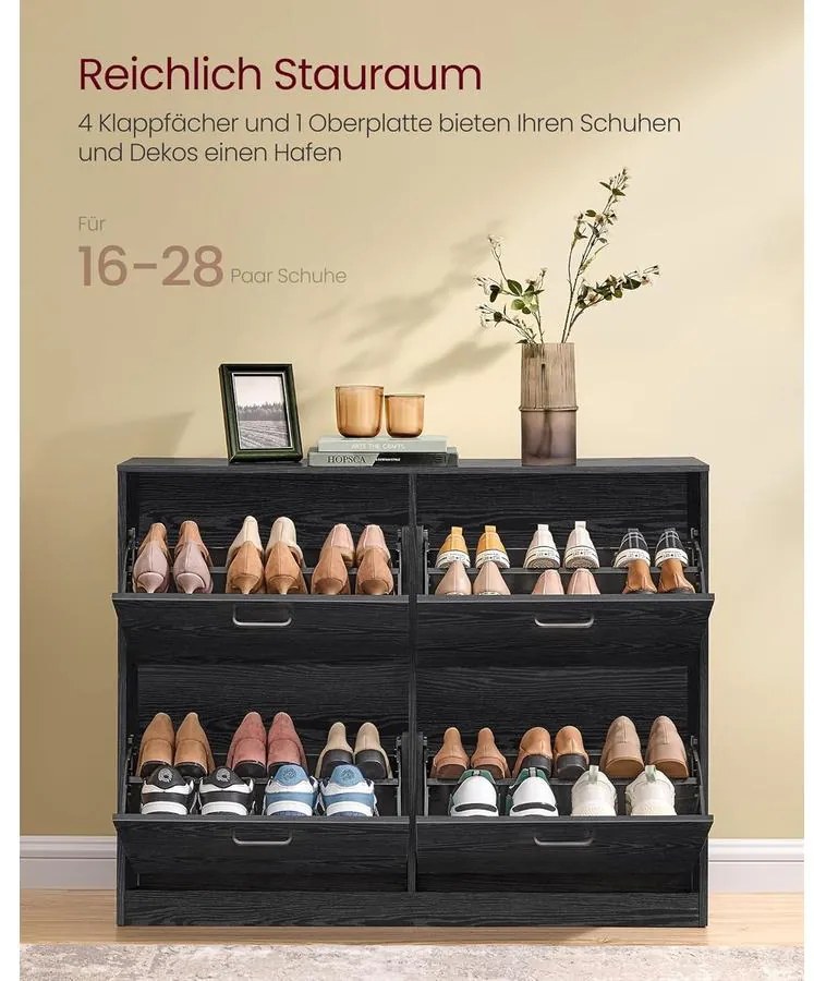 Cipősszekrény 4 lehajtható rekesszel 24 x 105,5 x 83 cm, fekete