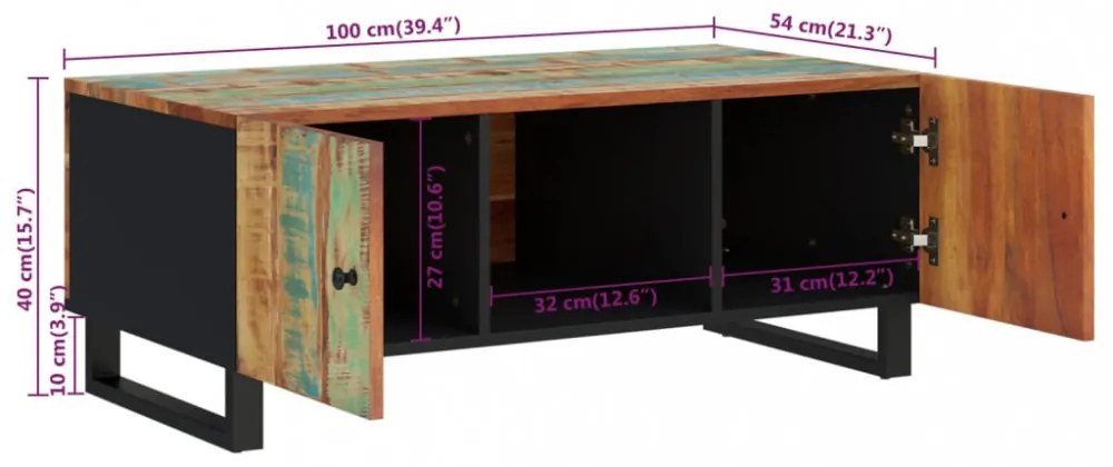 tömör újrahasznosított és szerelt fa dohányzóasztal 100x54x40cm