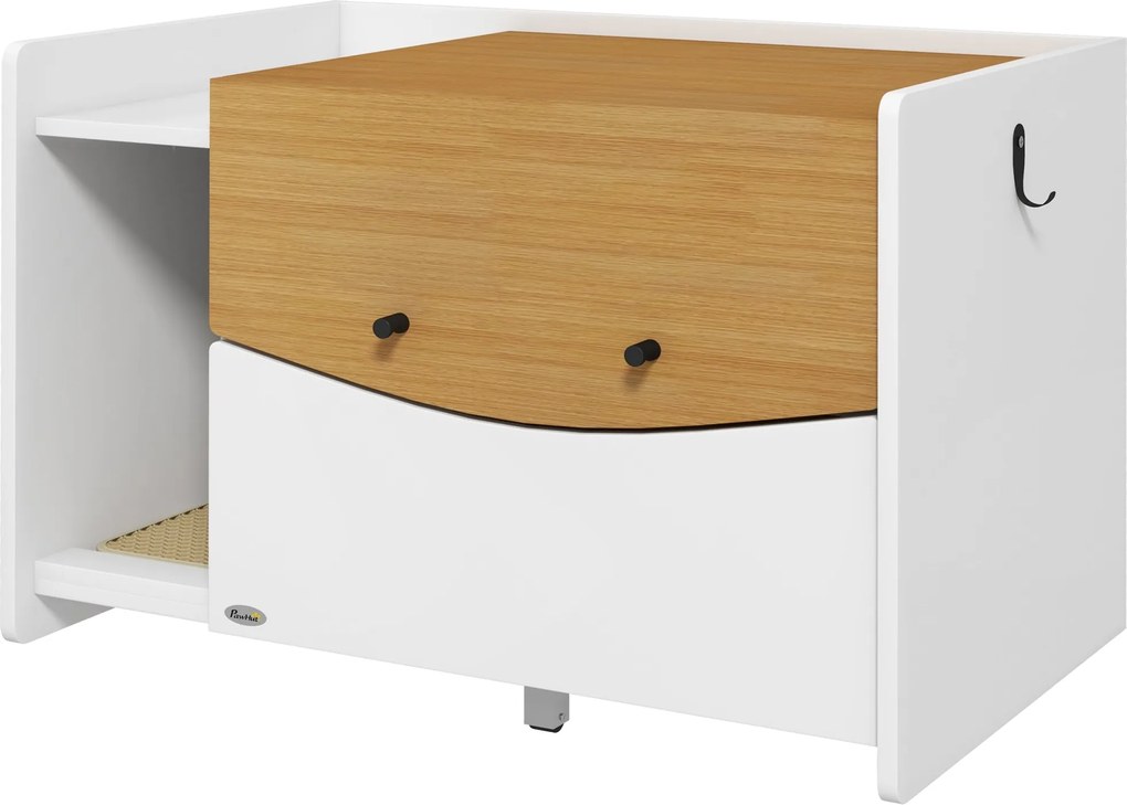 PawHut Macska WC Szekrény Macskaalomhoz, Macskaalom Szekrény Kihúzható Fiókkal, Alomfogó Szőnyeg, Macska Ház Belső Használatra, 78 x 50 x 51 cm, Tölgy