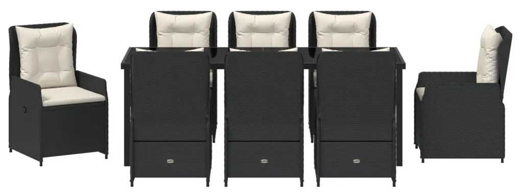 9 Darabos Kert Étkező Szett Fekete Poly Rattan, Kert Asztal Fekete 200x80x73 cm Edzett Üveg