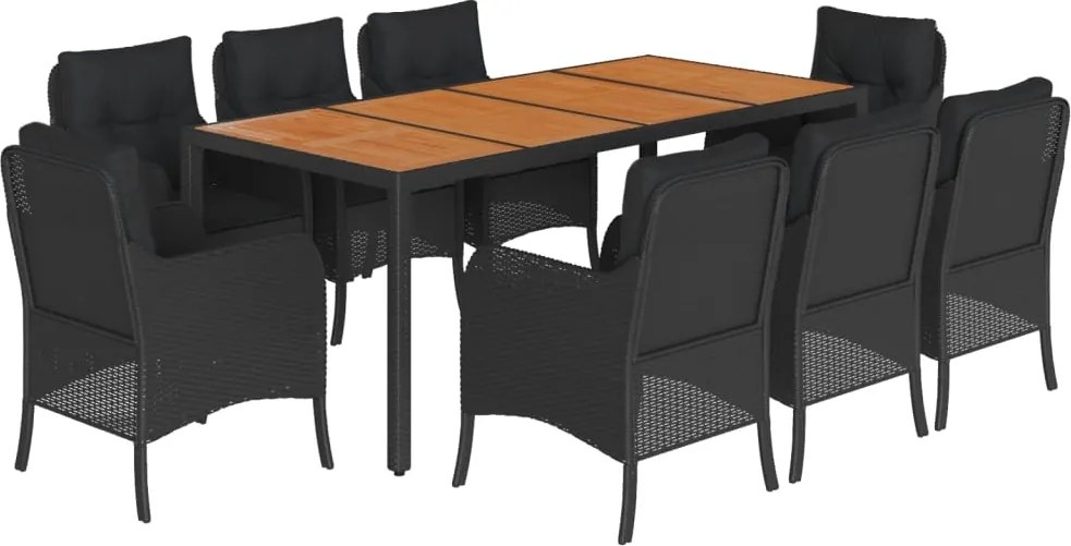 vidaXL 9 részes fekete polyrattan kerti étkezőgarnitúra párnákkal