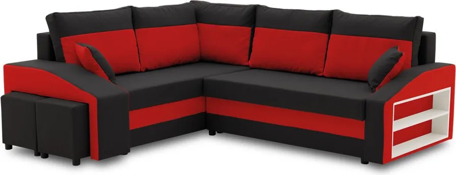 Grande sarokkanapé polcokkal és puffokkal , polc a jobb karfaban puffok a bal karfaban, baloldali, szövet anyag, bonell töltet, fekete - piros