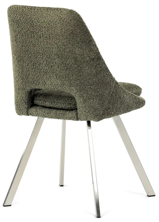 Scaun de sufragerie modern, tapițerie din material verde, picioare metalice, oțel inoxidabil periat.