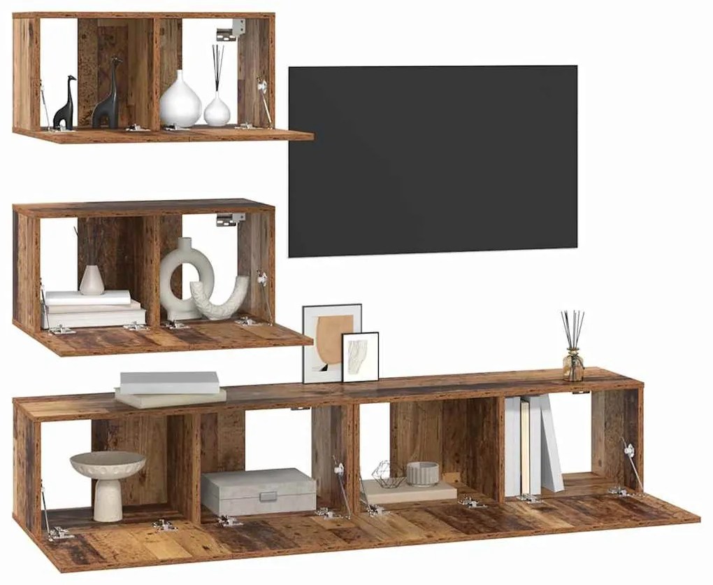 TV szekrény garnitúra Falra szerelhető 4 pcs Régi fa Faanyag