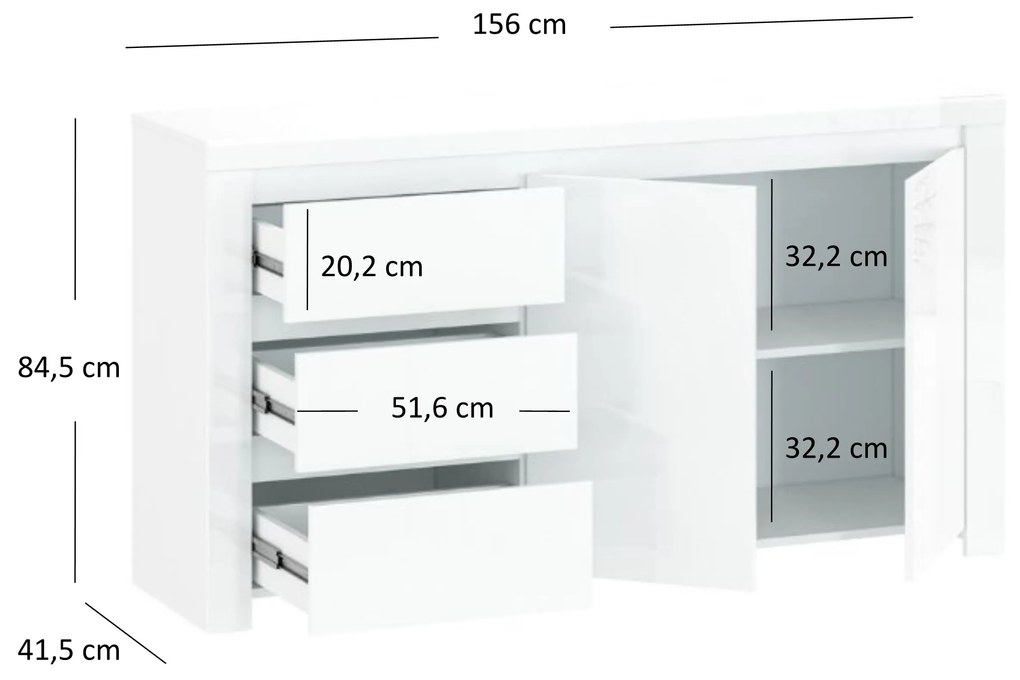Komód Leona 2D3S (fényes fehér). 1053001