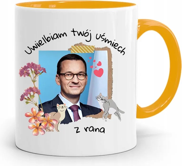 Sárga Politikus Bögre Mateusz Morawiecki Miniszterelnök fényképes nyomtatással