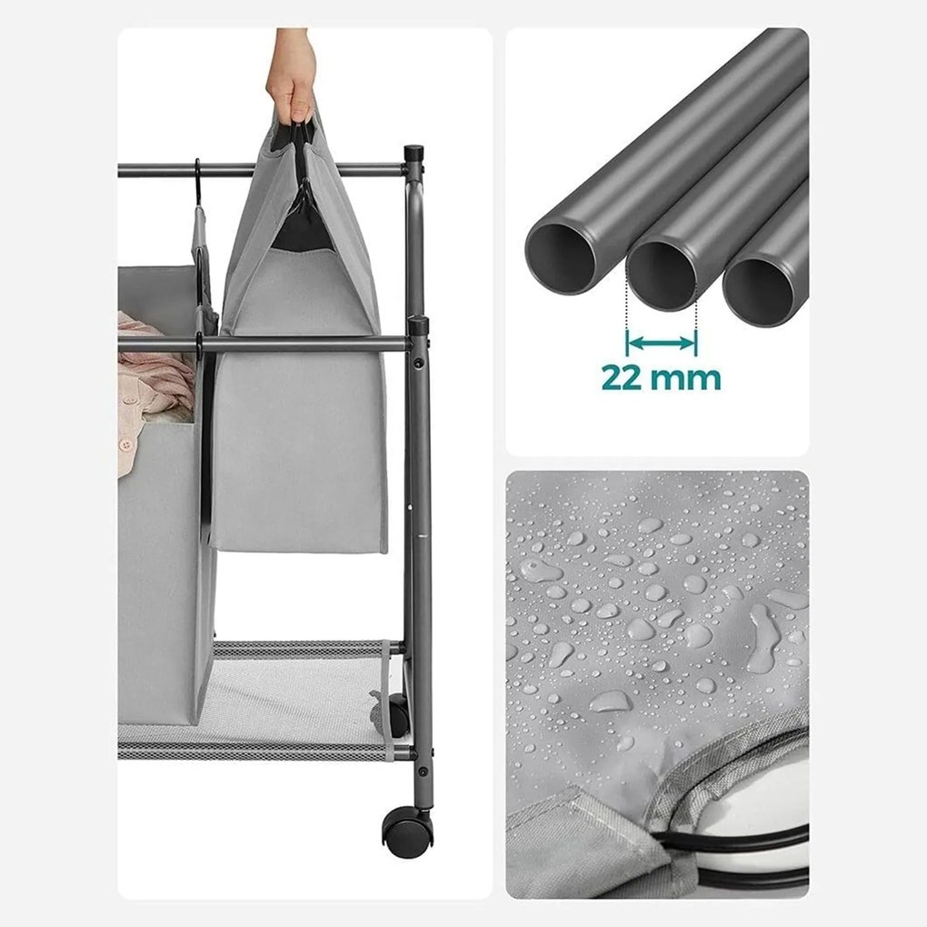 Szennyeskosár görgőkkel 4 x 35L, 4 kivehető táskával, szürke