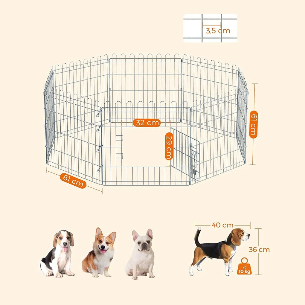 Kutya kennel, kutyaketrec, 61 cm magas, összecsukható kifutó 8 paneles, ezüst | VASHOME
