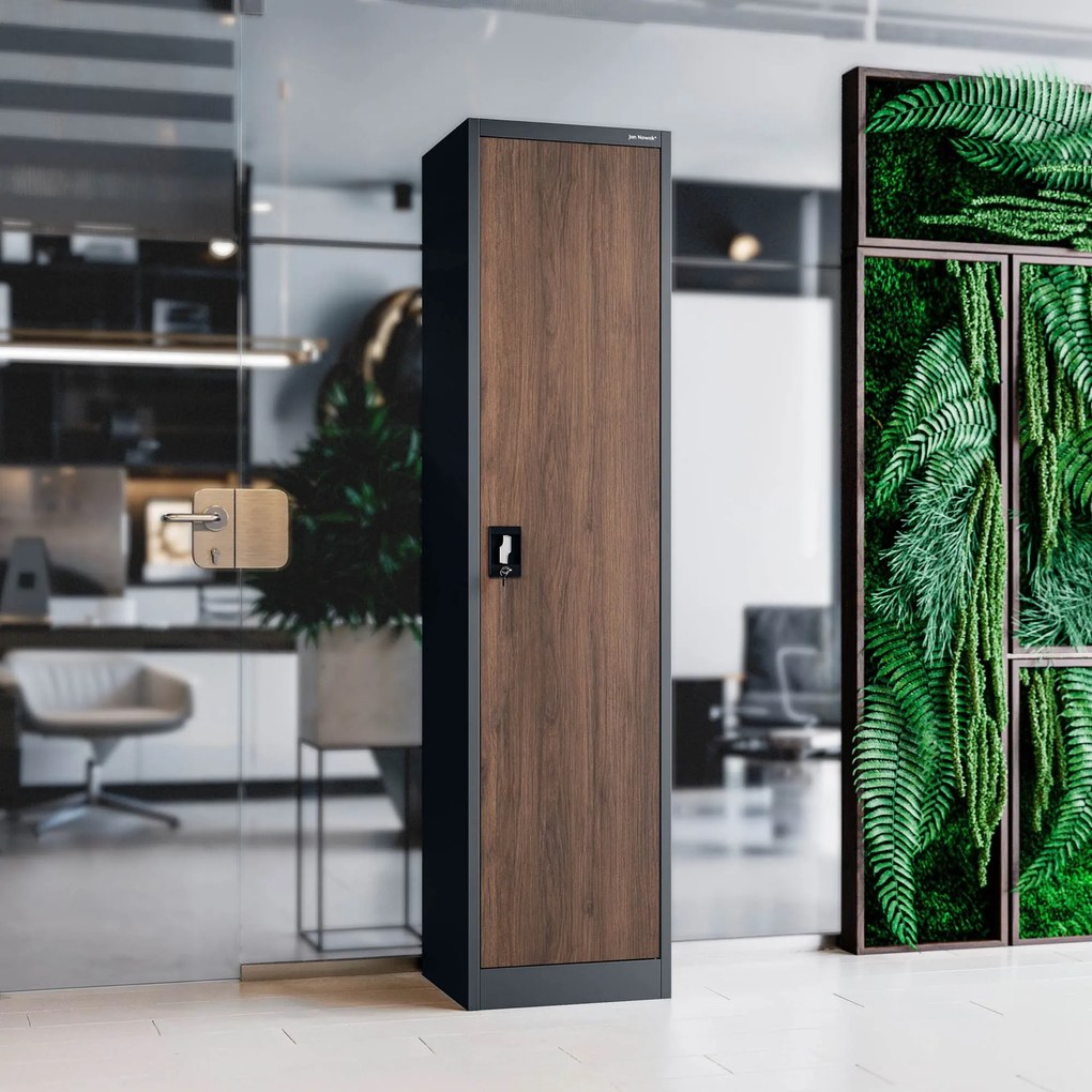 Fém iratszekrény ALEX, 450 x 1850 x 400 mm, Eco Design: antracit/ dió