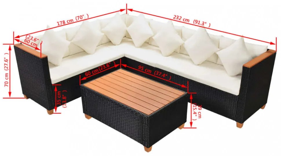 vidaXL 4-részes fekete polyrattan kerti bútorszett párnákkal