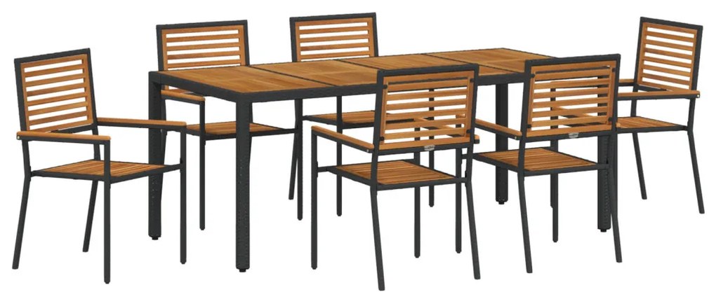7 Darabos Kert Étkezősor Fekete Poly Rattan Akáccal, Egymásra rakható Kert Székek Párnákkal 2 db Fekete Poly Rattan