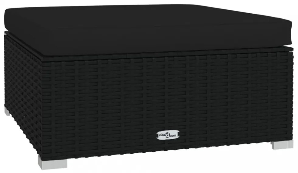 fekete polyrattan kerti lábtartó párnával 70 x 70 x 30 cm