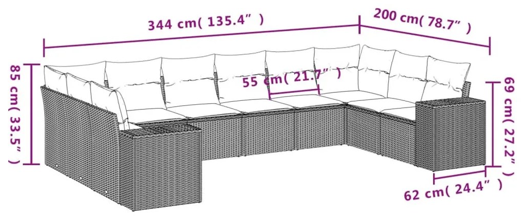 10 részes világosszürke polyrattan kerti ülőgarnitúra párnákkal