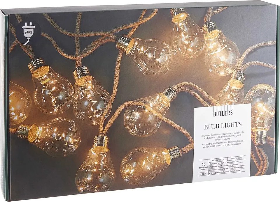 BULB LIGHTS égősor, villanykörte natúr zsinórral, fali csatlakozóval, 15 égő