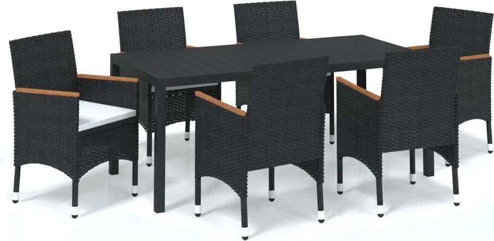 vidaXL 7 részes fekete polyrattan kerti étkezőgarnitúra párnákkal
