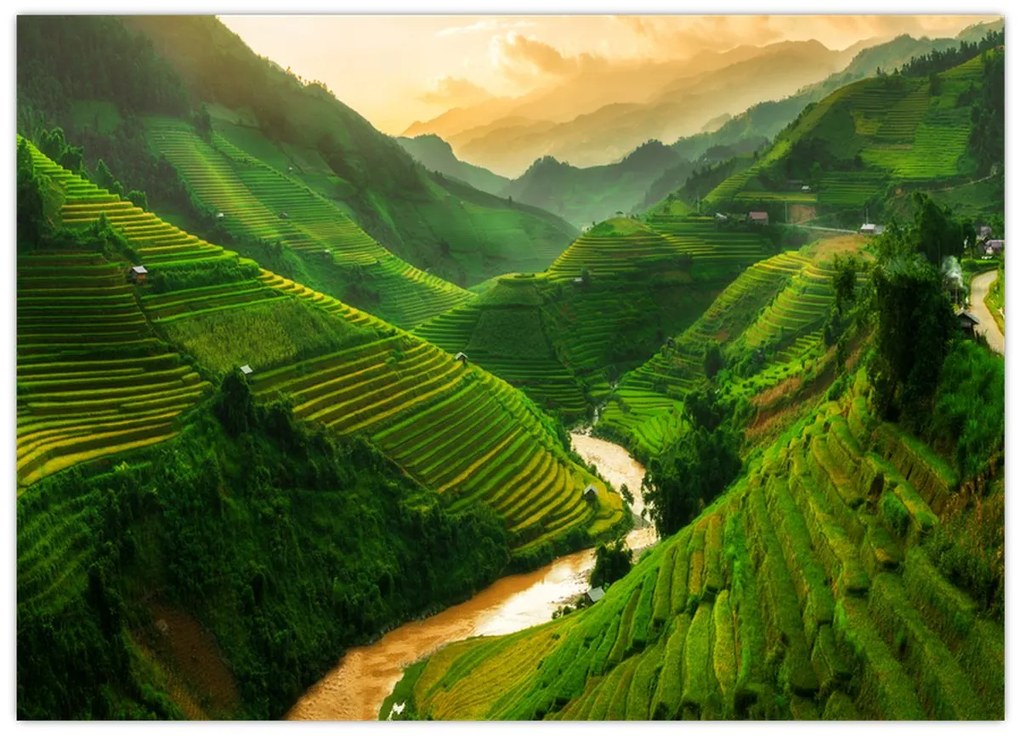 Üveg kép - Mu Cang Chai rizsteraszok (70x50 cm)