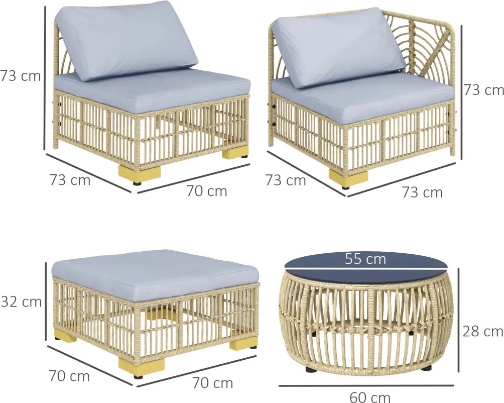 Outsunny Kerti bútor szett, 5 részes, ülőpárnákkal együtt, szintetikus rattan, rozsdamentes acél váz, világosszürke