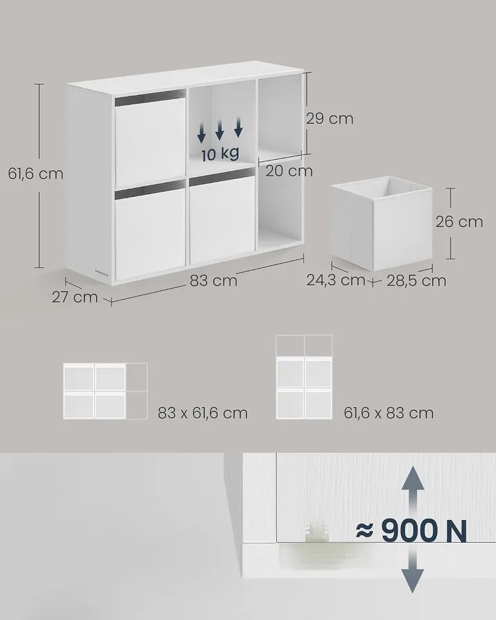 SONGMICS HOME 6 rekeszes könyvespolc 4 szövetfiókkal, 27 x 83 x 61,6 cm, hófehér