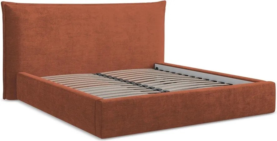 Terrakotta színű kárpitozott ágyneműtartós franciaágy ágyráccsal 160x200 cm Esala – Makamii
