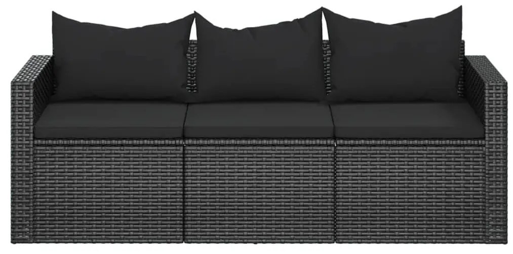 Fekete 3 személyes polyrattan kerti kanapé párnákkal