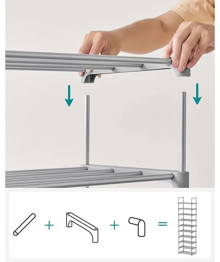 10 polcos cipőtartó, cipőtároló polc 174x45x30cm, szürke