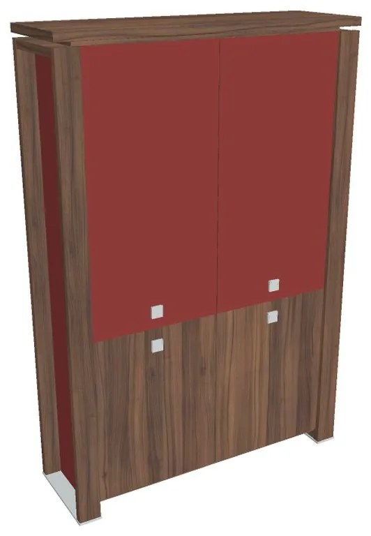 Verno+ S magas szekrény 140 x 46 x 210 cm, kombinált ajtó, dió / piros