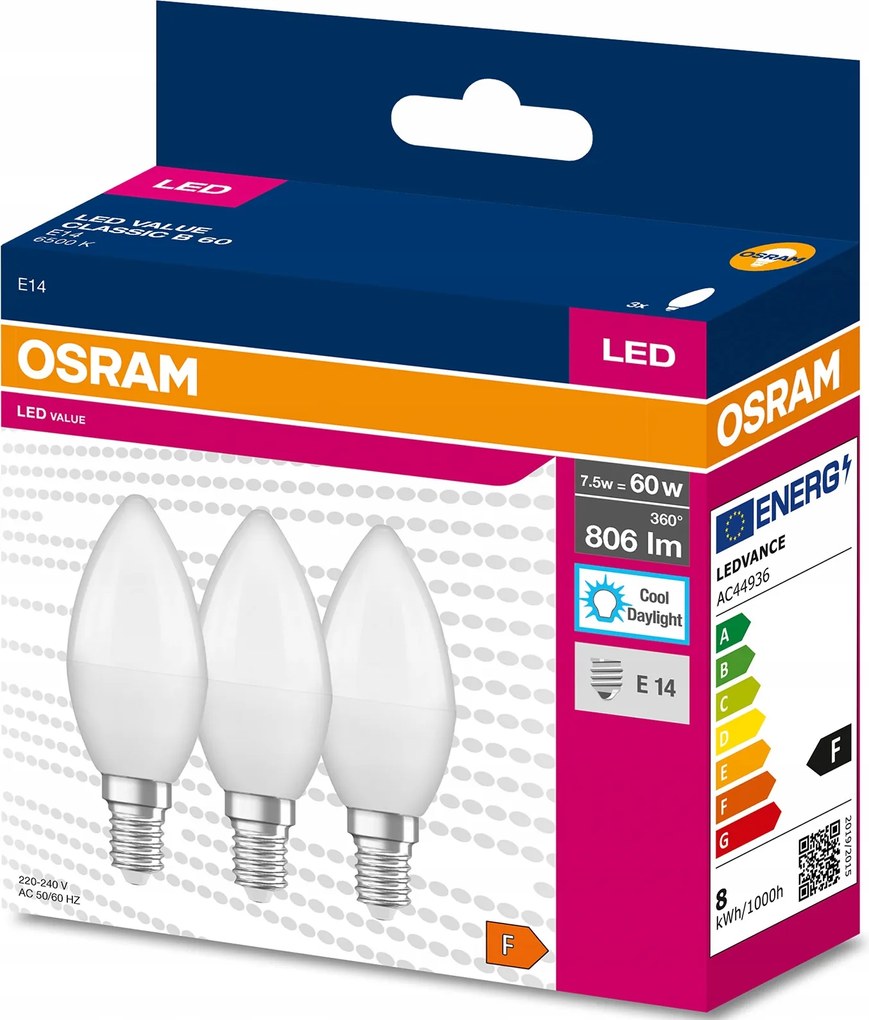 3x Led izzó E14 B39 7,5W 60W 806lm 6500K Hideg 220° Osram Value