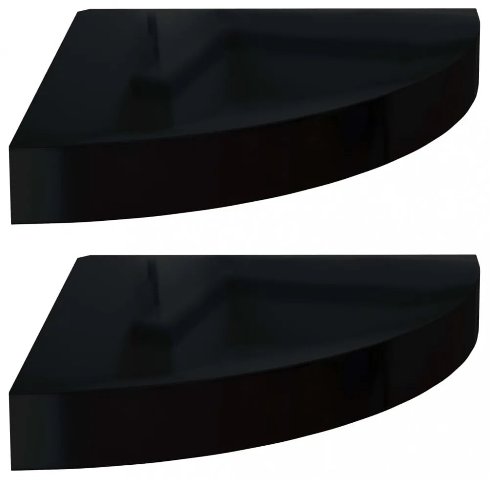 2 db magasfényű fekete MDF lebegő sarokpolc 25 x 25 x 3,8 cm
