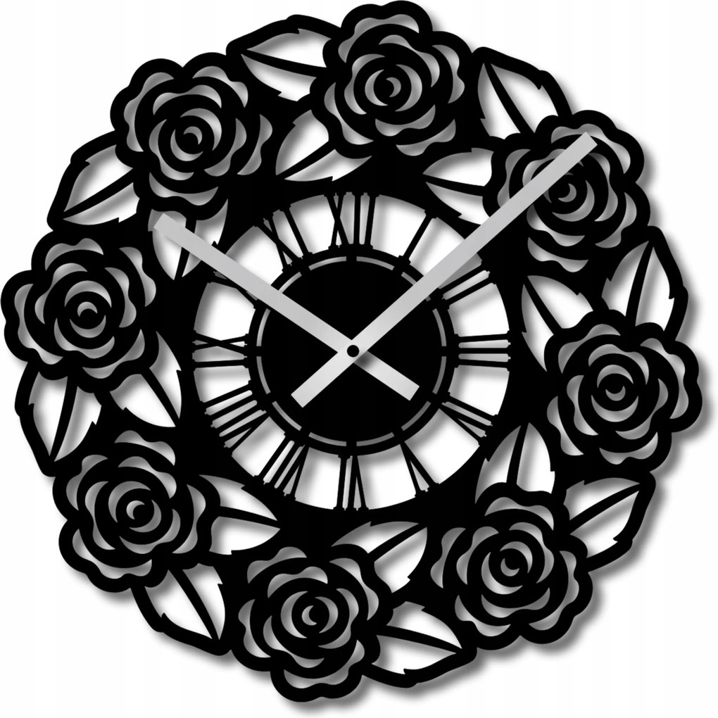Falióra 60 cm Modern Fekete Konyha Nappali Óra Áttört Rózsa 3D