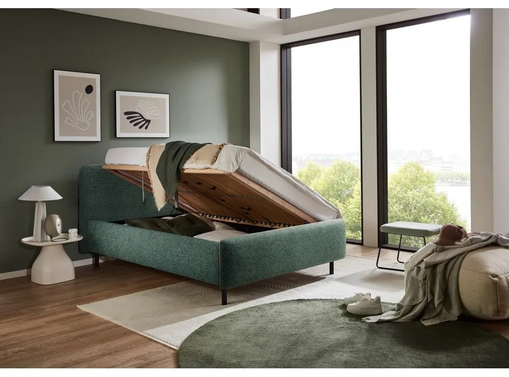 Sötétzöld kárpitozott ágyneműtartós franciaágy ágyráccsal 180x200 cm Primo – Meise Möbel