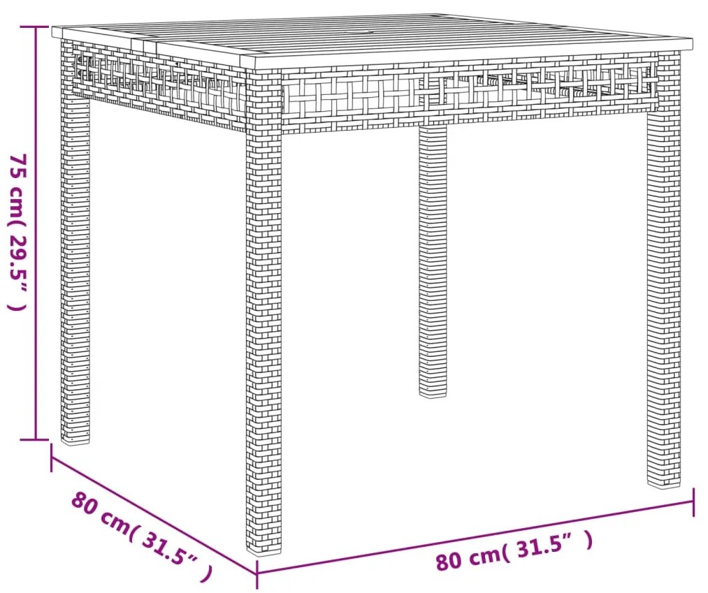 fekete polyrattan és akácfa kerti asztal 80 x 80 x 75 cm