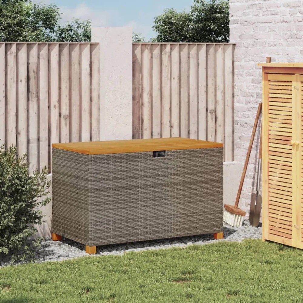 szürke polyrattan és akácfa kerti tárolóláda 110 x 55 x 63 cm