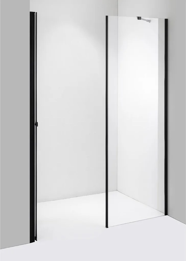 Stuxi Verona Fix Black 190 cm (110+80) széles csukló zuhanyajtó fix fallal, 6 mm vízlepergető üveggel, matt fekete profillal, 195 cm magas