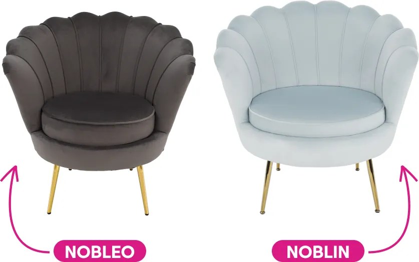 Fotel Art-deco stílusban, szürke-kék Velvet anyag/gold chróm-arany, NOBLIN